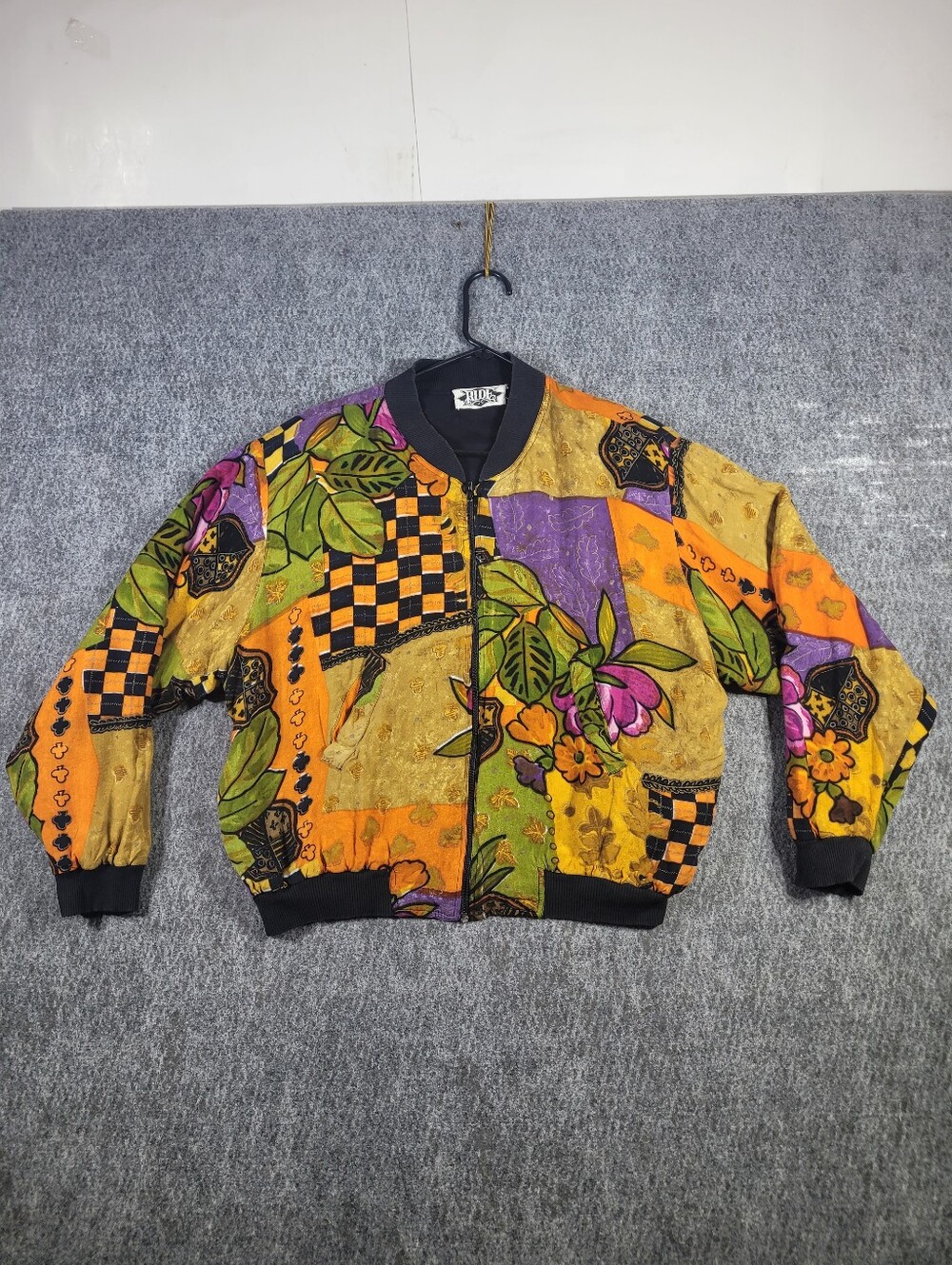 Vintage 90s RIDE Rayon Bomber Jacket L Abstract Floral Color Block Print VTG